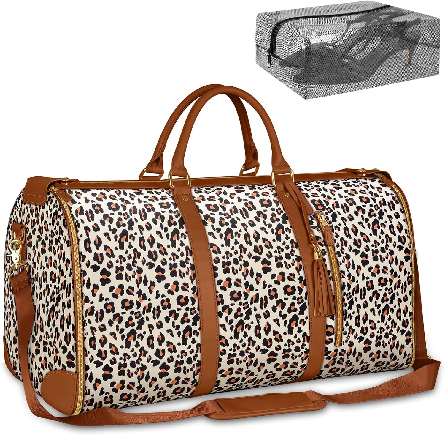 Ytonet Convertible Garment Bags for Travel, Large Carry on Garment Weekender Bag, Water Resistant Travel Duffel Bags with Shoe Pouch, 2 in 1 Hanging Suitcase Suit Foldable Travel Bags, Leopard