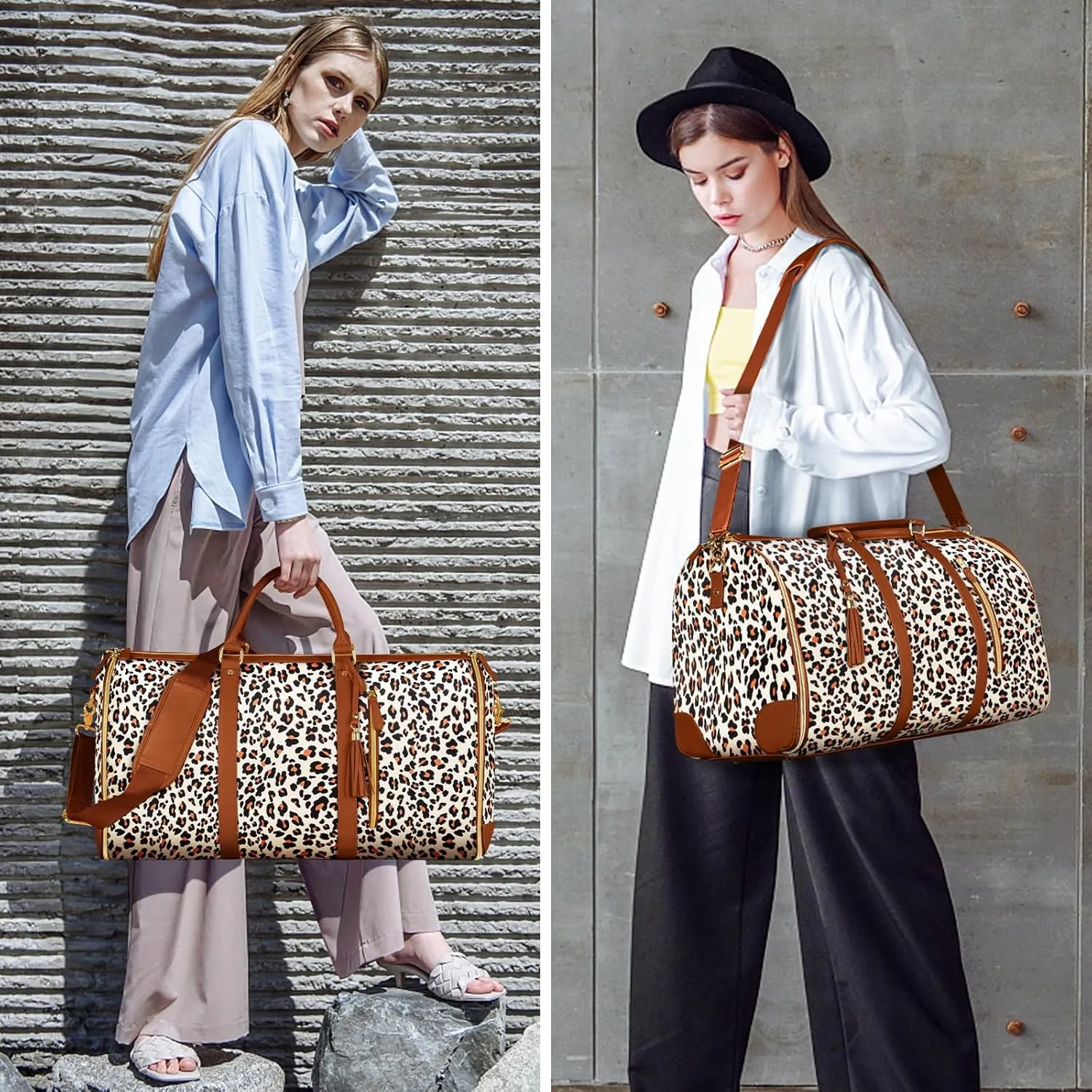 Ytonet Convertible Garment Bags for Travel, Large Carry on Garment Weekender Bag, Water Resistant Travel Duffel Bags with Shoe Pouch, 2 in 1 Hanging Suitcase Suit Foldable Travel Bags, Leopard