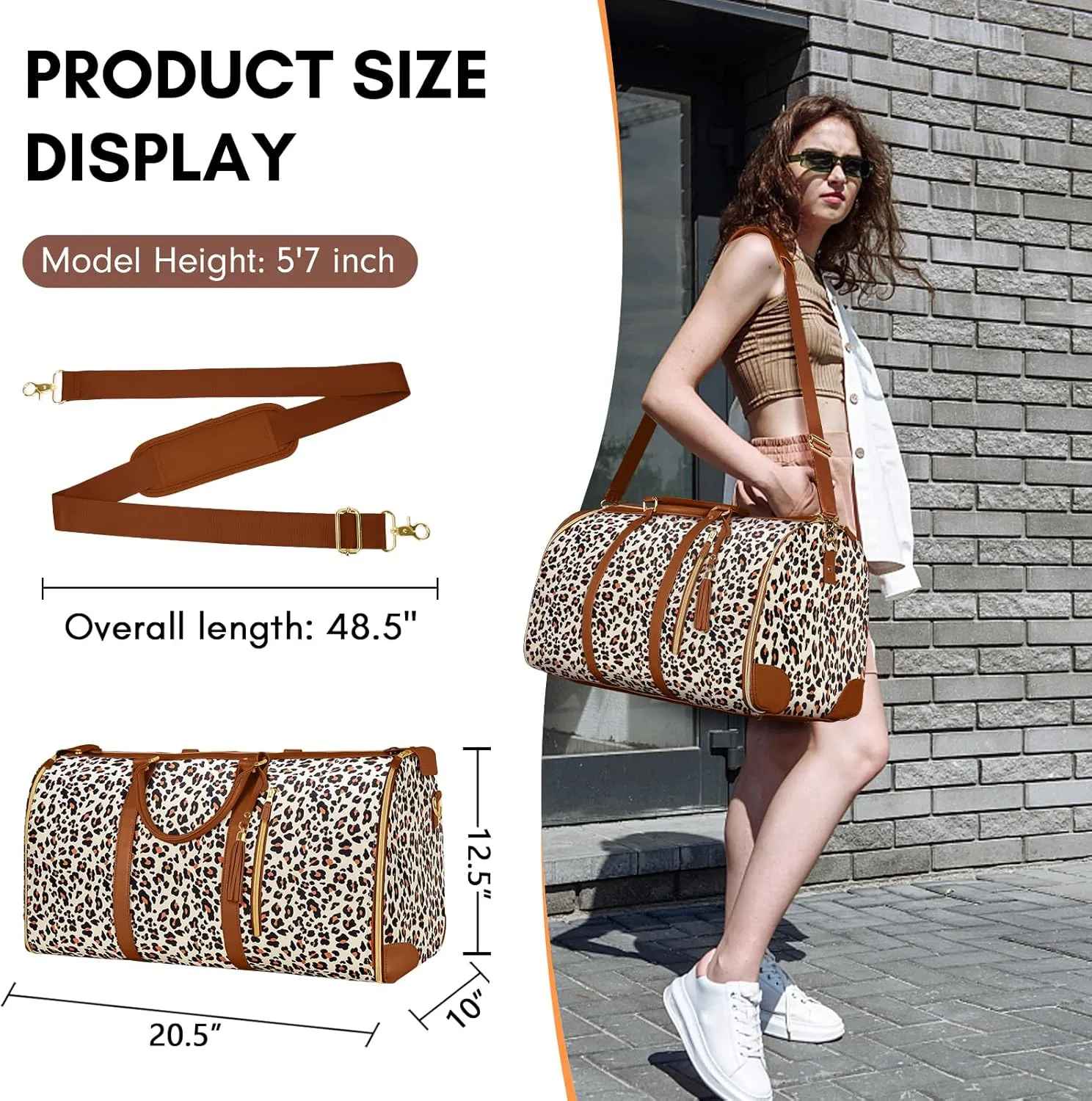 Ytonet Convertible Garment Bags for Travel, Large Carry on Garment Weekender Bag, Water Resistant Travel Duffel Bags with Shoe Pouch, 2 in 1 Hanging Suitcase Suit Foldable Travel Bags, Leopard