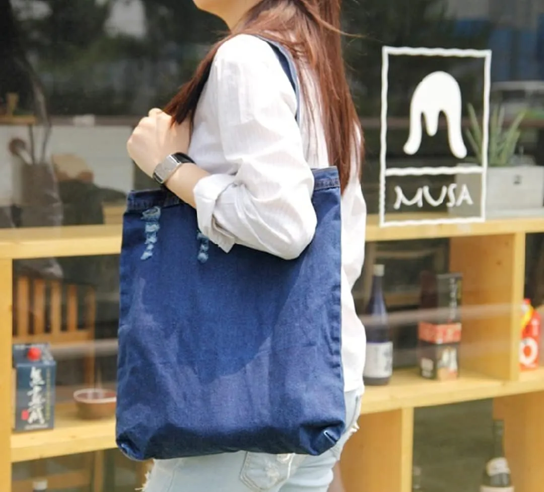 YunZh Reusable Grocery Bags Denim Tote Bag Casual Style Lightweight Classic Retro Travel Shopper Shoulder Handbag