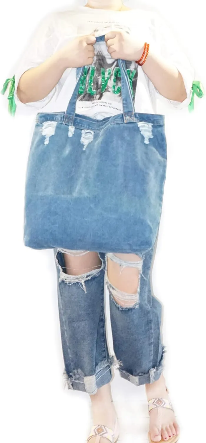 YunZh Reusable Grocery Bags Denim Tote Bag Casual Style Lightweight Classic Retro Travel Shopper Shoulder Handbag