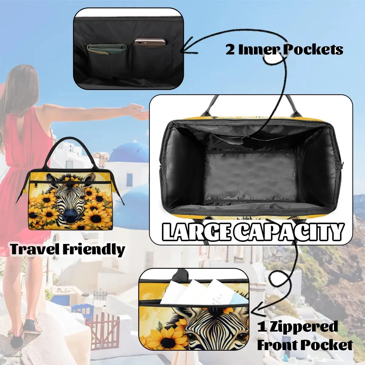 Zebra Head Sunflowers Travel Duffle Bag, Waterproof Duffel Bag Weekender Overnight Carry On Bag Lightweight Sport Gym Bag for Men Women