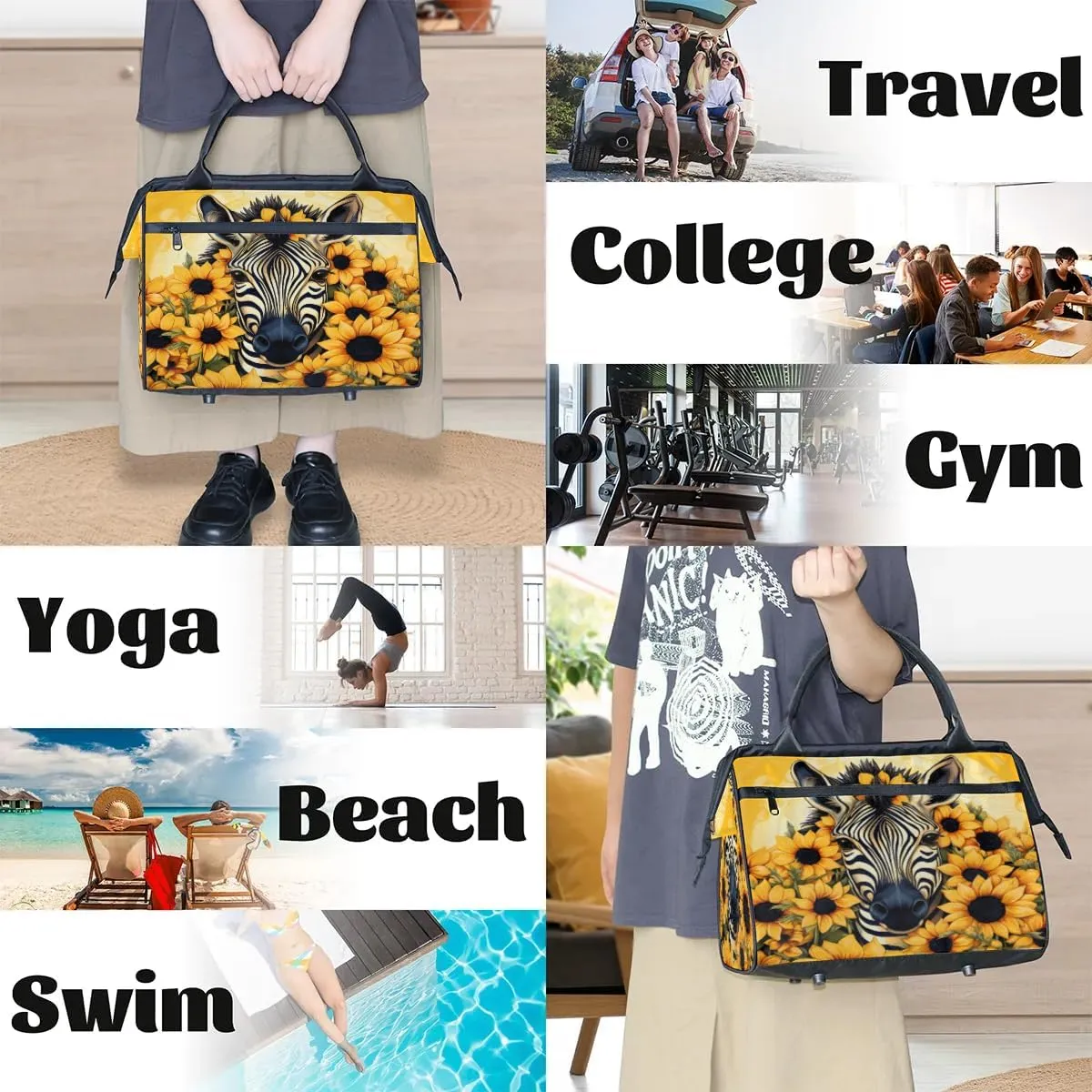 Zebra Head Sunflowers Travel Duffle Bag, Waterproof Duffel Bag Weekender Overnight Carry On Bag Lightweight Sport Gym Bag for Men Women