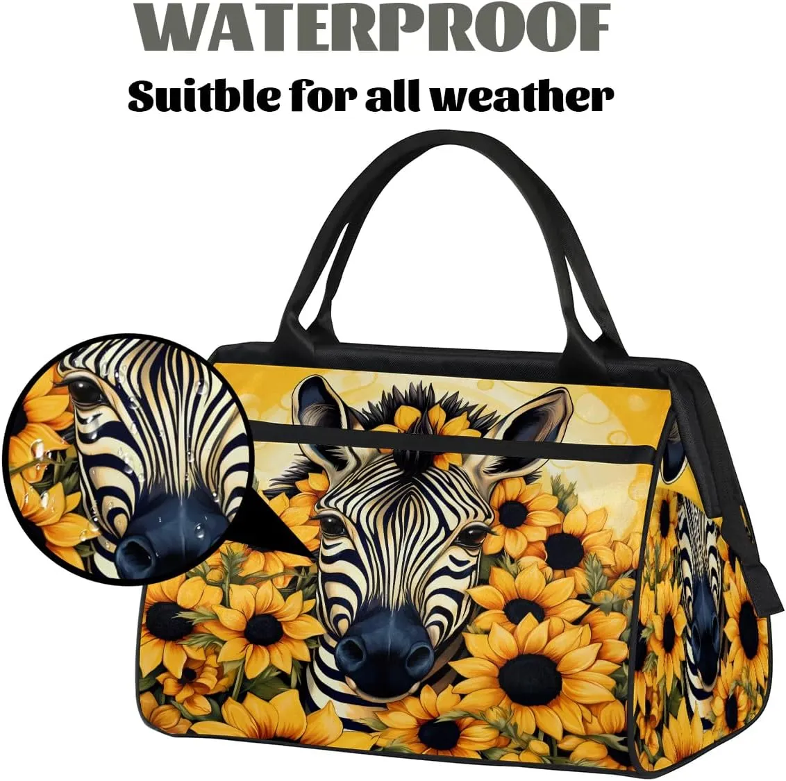 Zebra Head Sunflowers Travel Duffle Bag, Waterproof Duffel Bag Weekender Overnight Carry On Bag Lightweight Sport Gym Bag for Men Women