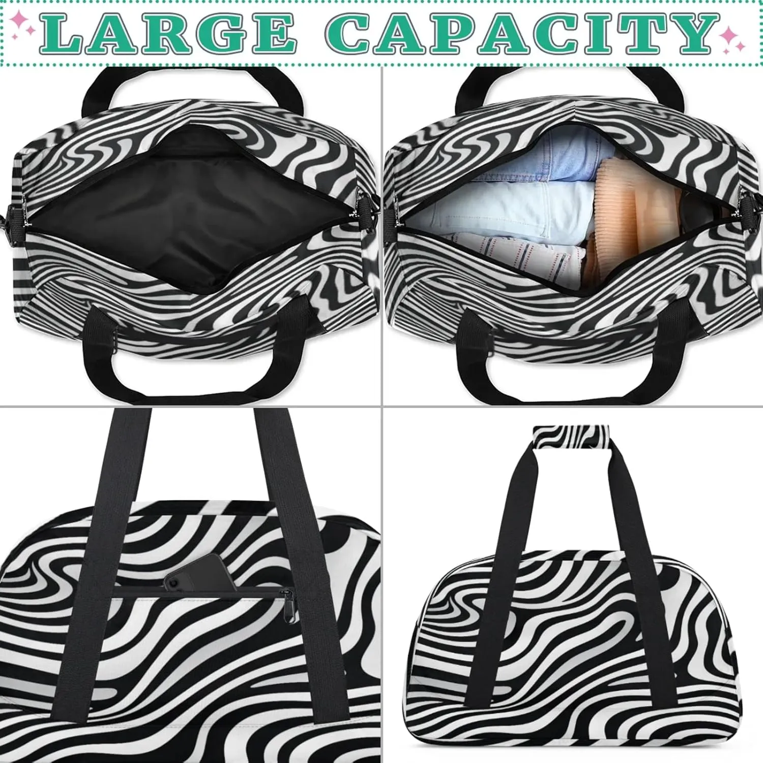 Zebra Printed Gym Bag for Women Men, Sports Travel Duffel Bag Lightweight Workout Bag Carry On Overnight Weekender Bag
