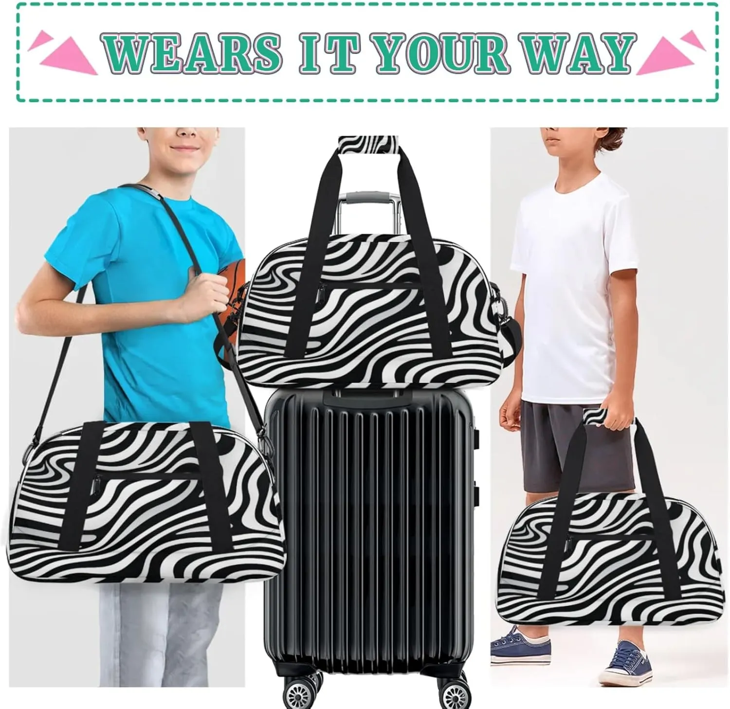Zebra Printed Gym Bag for Women Men, Sports Travel Duffel Bag Lightweight Workout Bag Carry On Overnight Weekender Bag