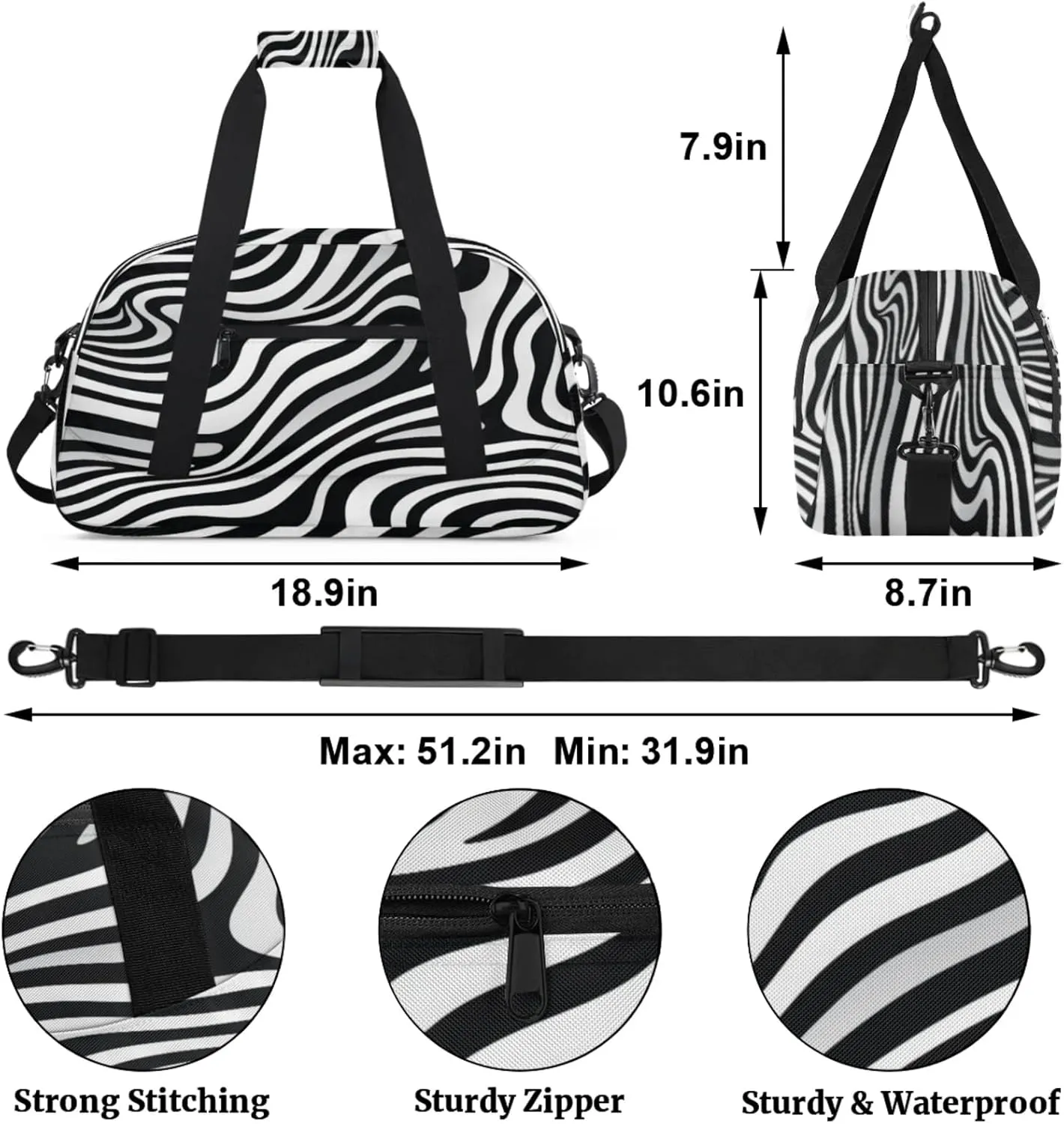Zebra Printed Gym Bag for Women Men, Sports Travel Duffel Bag Lightweight Workout Bag Carry On Overnight Weekender Bag