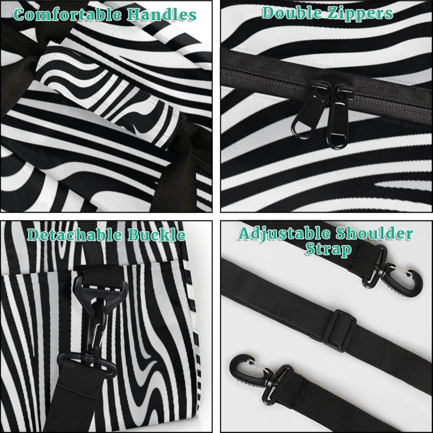 Zebra Printed Gym Bag for Women Men, Sports Travel Duffel Bag Lightweight Workout Bag Carry On Overnight Weekender Bag