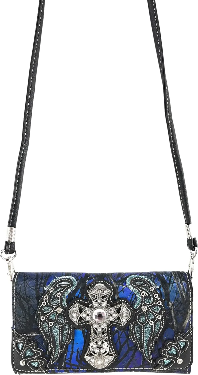 Zelris Camouflage Shine Glow Cross Wings Women Crossbody Trifold Wallet