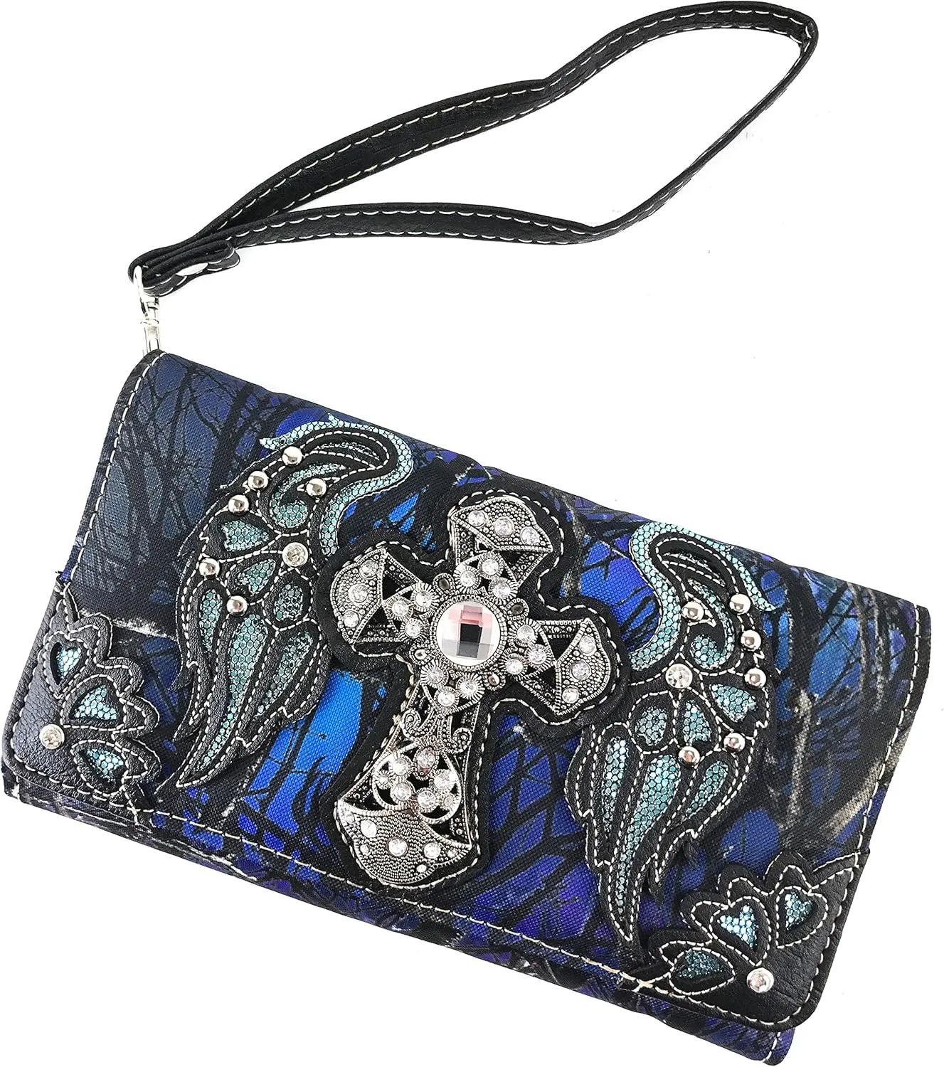 Zelris Camouflage Shine Glow Cross Wings Women Crossbody Trifold Wallet