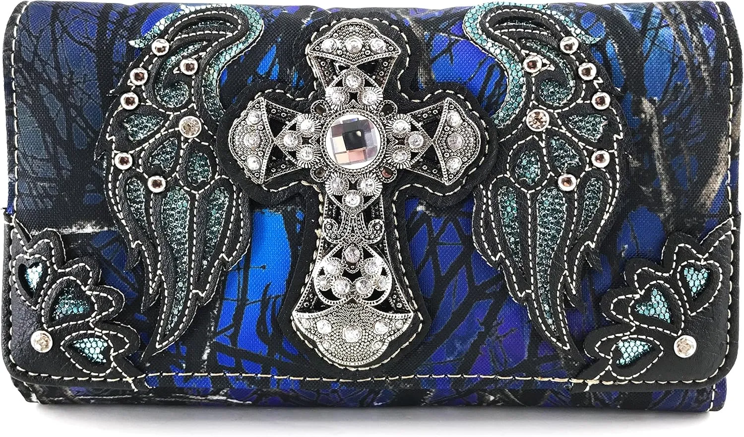 Zelris Camouflage Shine Glow Cross Wings Women Crossbody Trifold Wallet