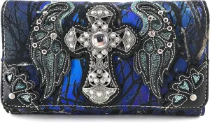 Zelris Camouflage Shine Glow Cross Wings Women Crossbody Trifold Wallet
