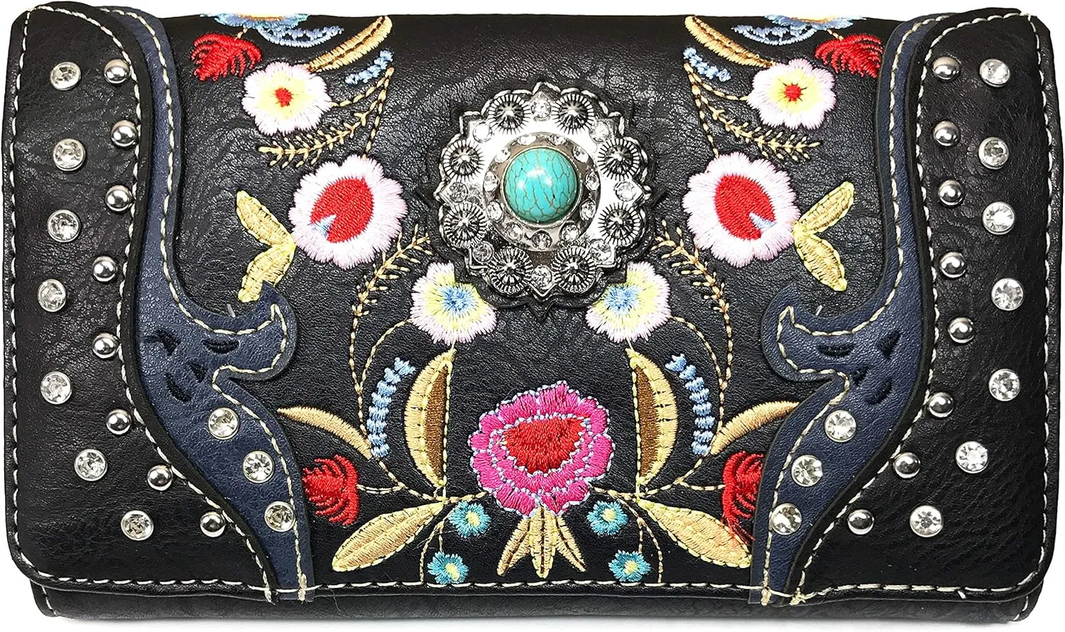 Zelris Embroidered Floral Laser Cut Turquoise Rhinestone Concho Crossbody Wallet