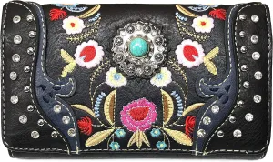 Zelris Embroidered Floral Laser Cut Turquoise Rhinestone Concho Crossbody Wallet