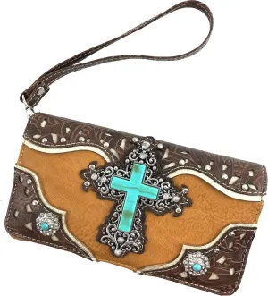 Zelris Turquoise Rhinestone Cross Western Women Crossbody Wrist Trifold Wallet