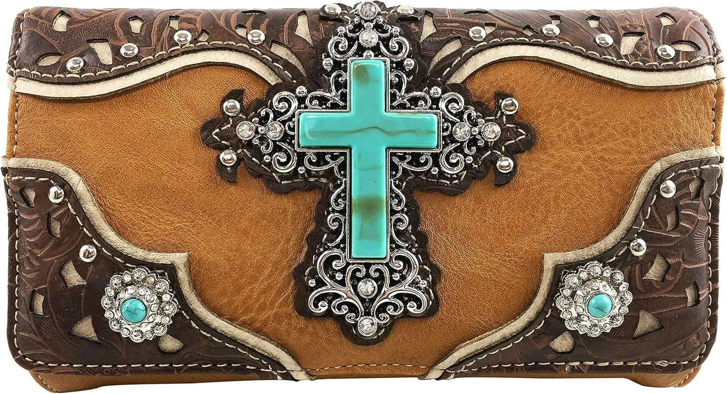 Zelris Turquoise Rhinestone Cross Western Women Crossbody Wrist Trifold Wallet