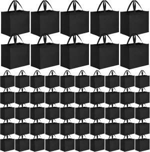 Zhehao 60 Pcs Reusable Grocery Shopping Bags Large Foldable Gift Tote Non Woven Fabric Bags with Handle and Plastic Button for Birthdays, Bridesmaids, Party Favors, 15 x 9.5 x 13 Inch(Black)