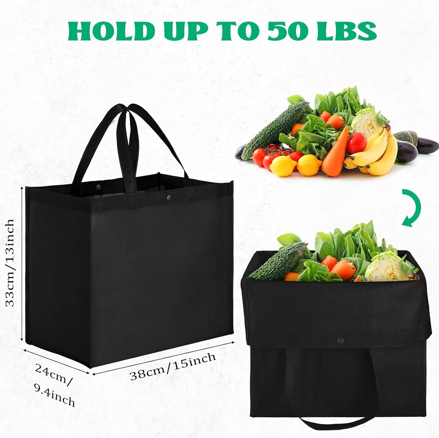 Zhehao 60 Pcs Reusable Grocery Shopping Bags Large Foldable Gift Tote Non Woven Fabric Bags with Handle and Plastic Button for Birthdays, Bridesmaids, Party Favors, 15 x 9.5 x 13 Inch(Black)