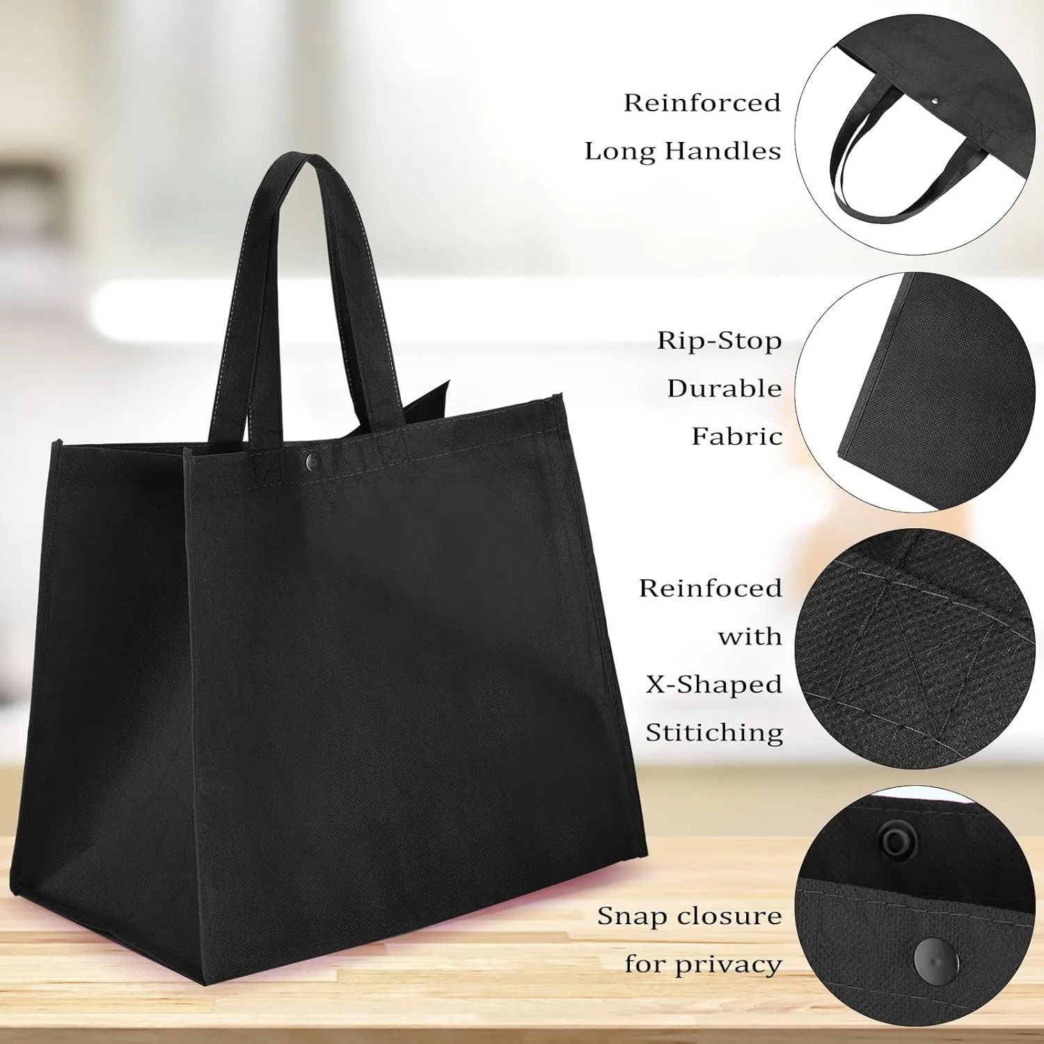 Zhehao 60 Pcs Reusable Grocery Shopping Bags Large Foldable Gift Tote Non Woven Fabric Bags with Handle and Plastic Button for Birthdays, Bridesmaids, Party Favors, 15 x 9.5 x 13 Inch(Black)