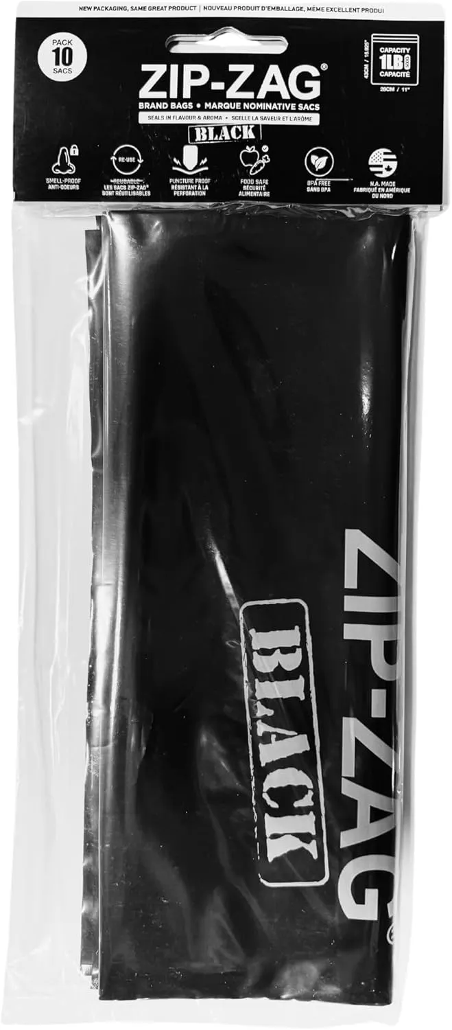 Zip Zag Bag Black (1 LB) 10x One Pound Zipper Bags (16.93" x 11") | Say Goodbye to Stale Herbs And Spices With Food Safe Zipper bags | Resealable, Reusable, Washable, Airtight Bags