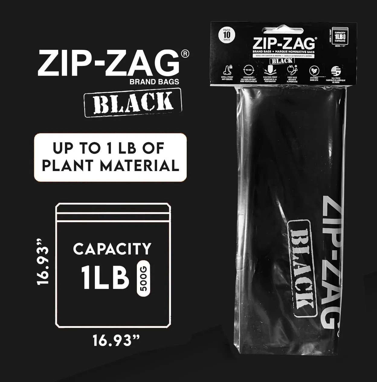 Zip Zag Bag Black (1 LB) 10x One Pound Zipper Bags (16.93" x 11") | Say Goodbye to Stale Herbs And Spices With Food Safe Zipper bags | Resealable, Reusable, Washable, Airtight Bags