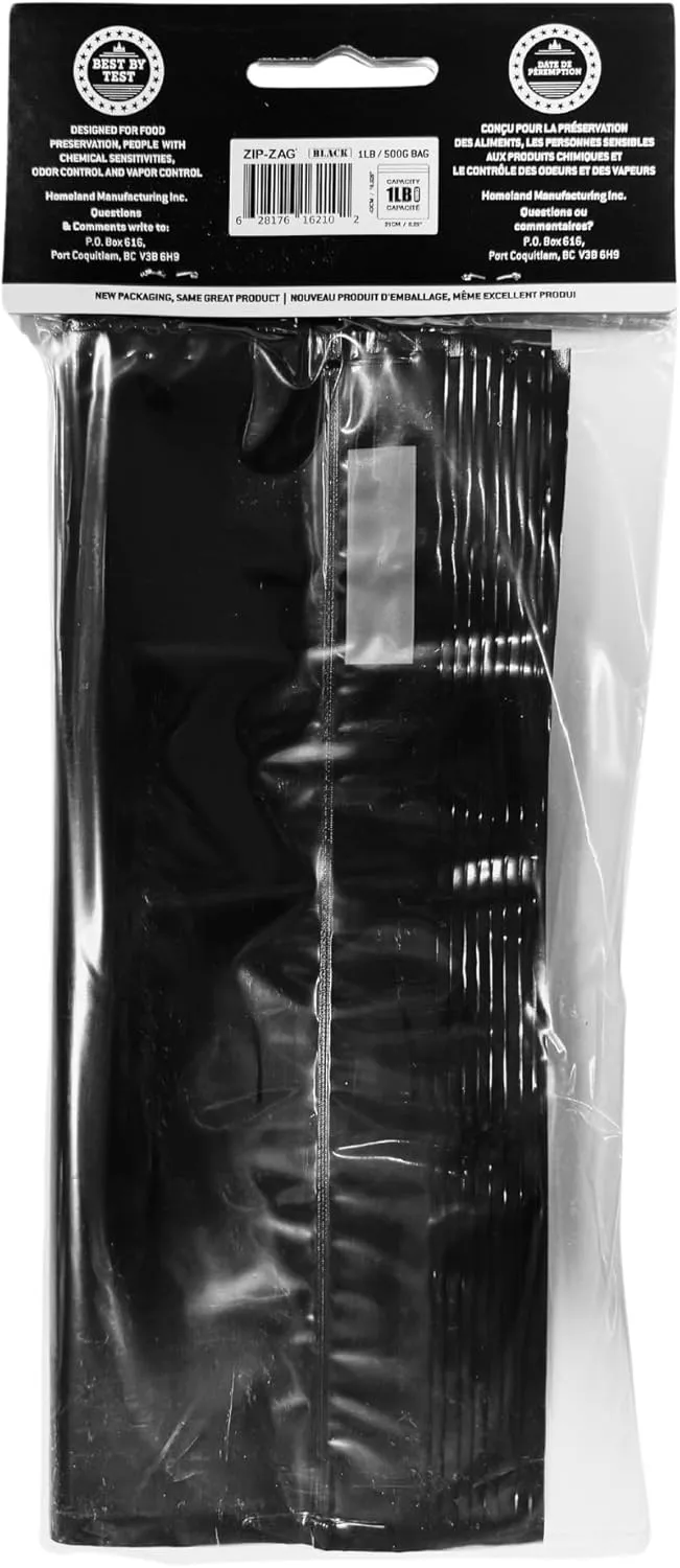 Zip Zag Bag Black (1 LB) 10x One Pound Zipper Bags (16.93" x 11") | Say Goodbye to Stale Herbs And Spices With Food Safe Zipper bags | Resealable, Reusable, Washable, Airtight Bags