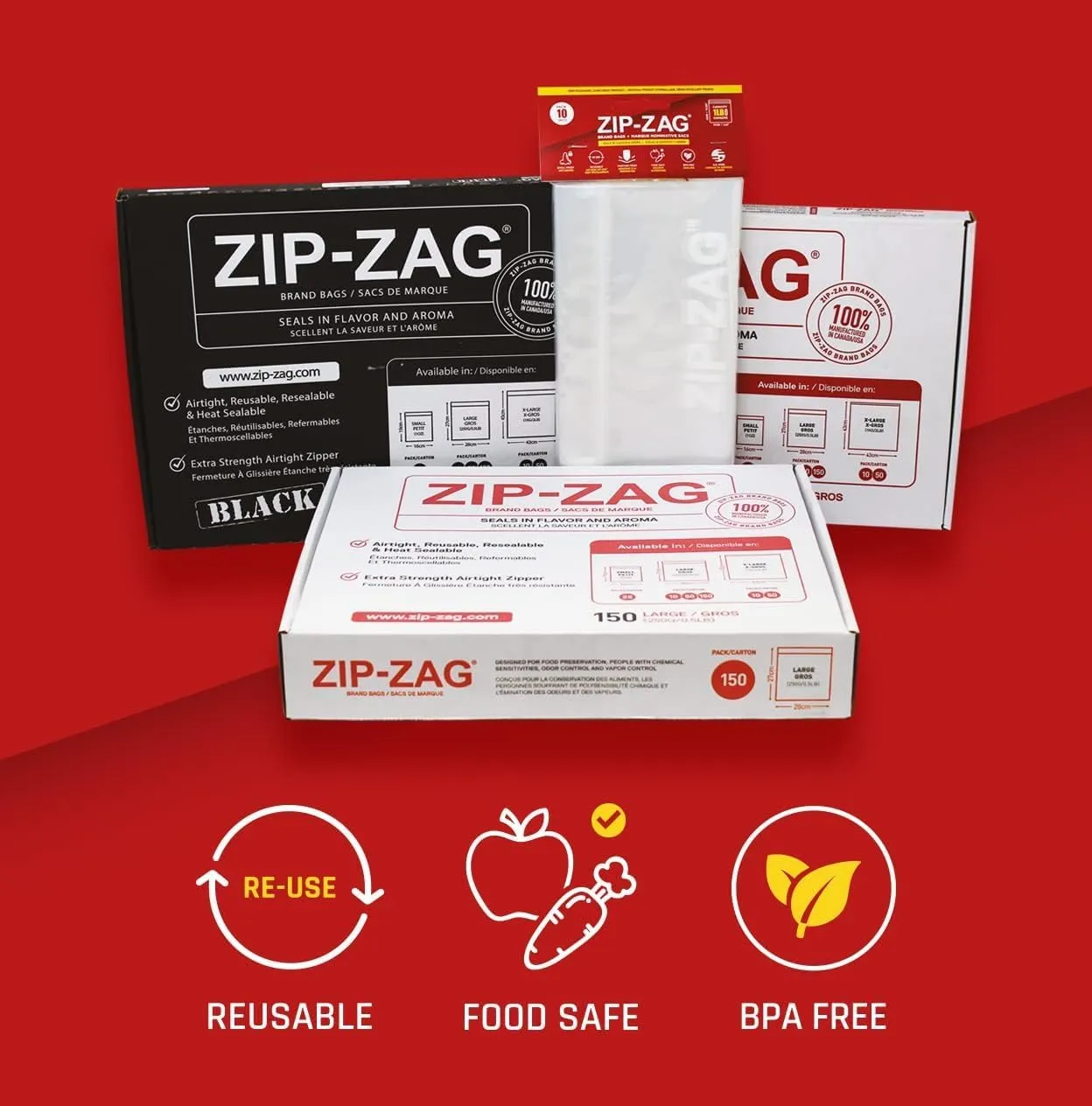 Zip Zag Bag Black (2 LB) 10x Extra Large Zipper Bags (16.93" x 16.93") | Say Goodbye to Stale Herbs And Spices With Food Safe Zipper bags | Resealable, Reusable, Washable, Airtight Bags