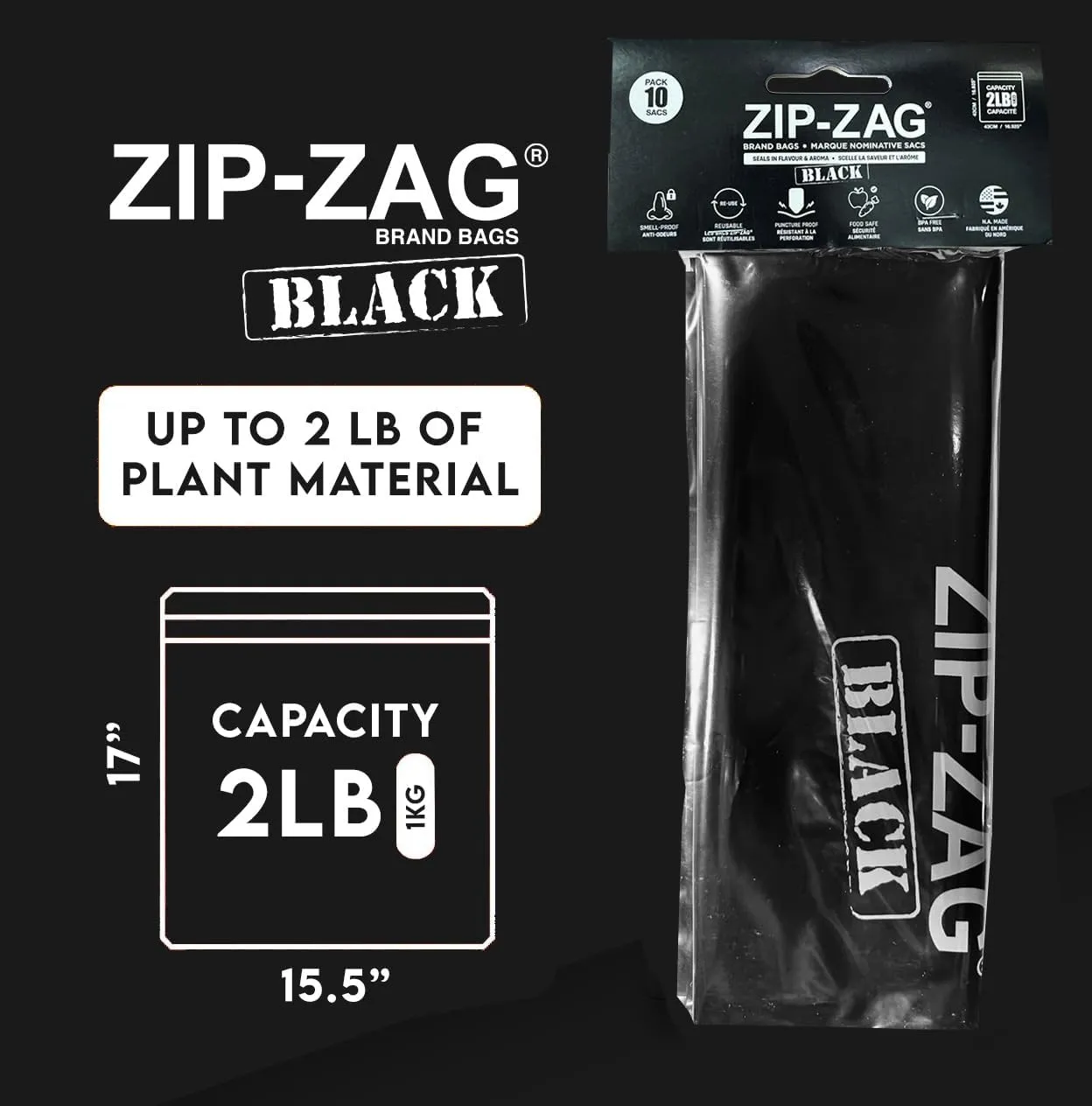 Zip Zag Bag Black (2 LB) 10x Extra Large Zipper Bags (16.93" x 16.93") | Say Goodbye to Stale Herbs And Spices With Food Safe Zipper bags | Resealable, Reusable, Washable, Airtight Bags
