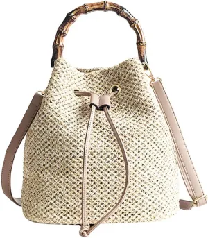 ZLM BAG US Straw Drawstring Bucket Bag Summer Crochet Tote Purse Pu Leather Strap Crossbody Shoulder Bag