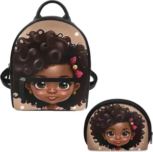 ZOUTAIRONG African Black Girl Mini Backpack Leather Purse and Wallet Set for Women Small Daypacks Purse for Girls Travel Pouch Afro American Magic Princess Makeup Bag