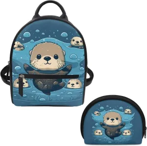 ZOUTAIRONG Cute Otter Mini Backpack Set for Women Purse Wallet Daypack College School Travel Pouch Shoulder Bag Small Backpack Mini Purse for Girls Casual Rucksack Blue