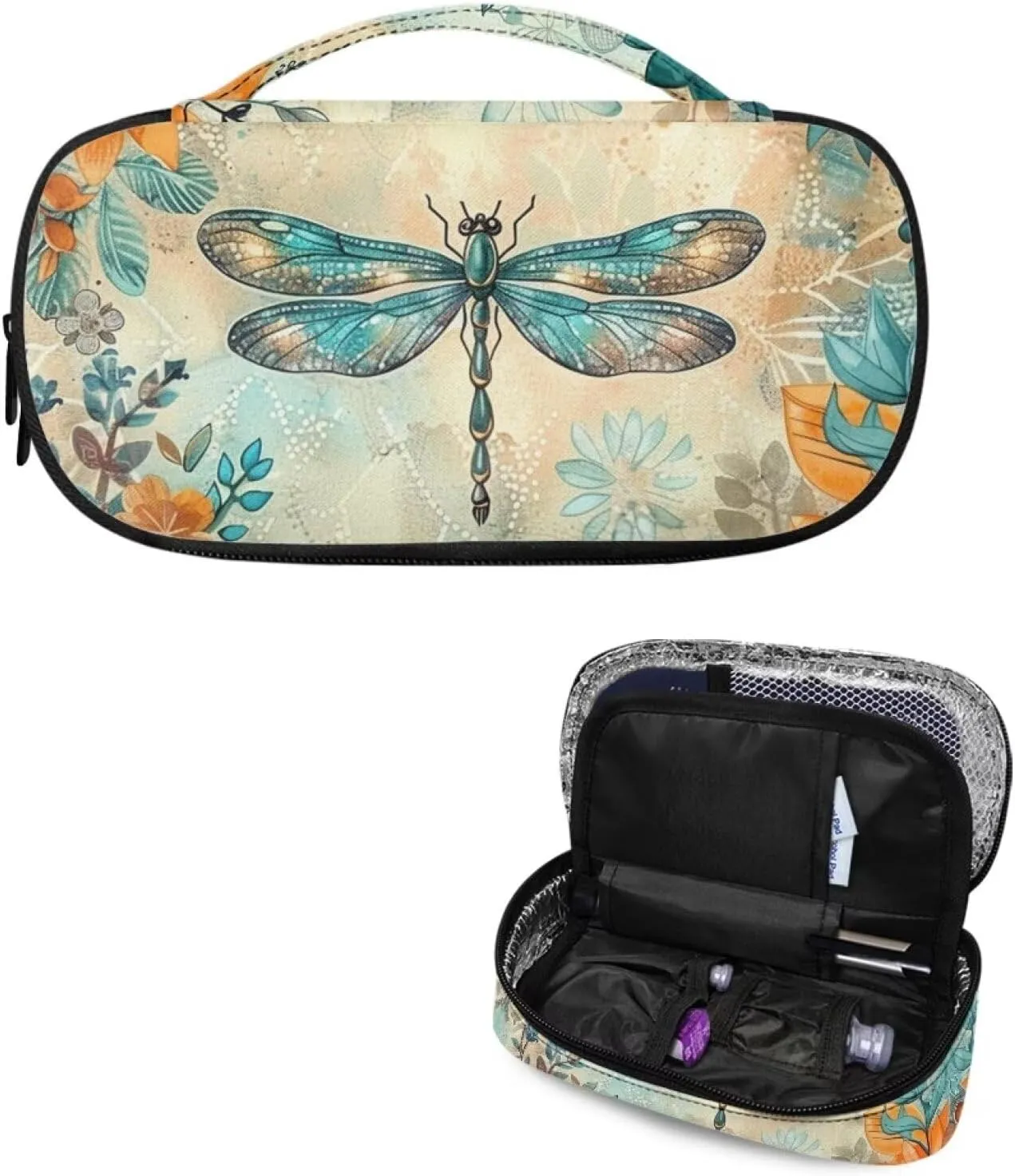 ZOUTAIRONG Dragonfly Flower Horse Insulin Cooler Travel Bag, Tribal Diabetic Travel Case Insulated Organizer Case Travel Storage Portable Medication Cooler Bag for Insulin Pens Blood Glucose Meter