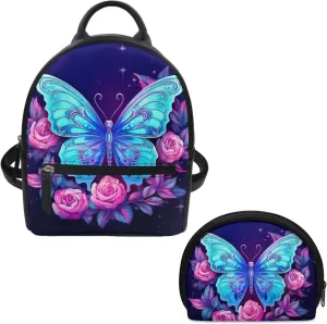 ZOUTAIRONG Flower Butterfly Mini Backpack Purse for Teen Girls Small Daypack Womens Wallet Set Travel Storage Bag Casual Rucksack Shoulder Bag Satchel Purse Handbags Blue