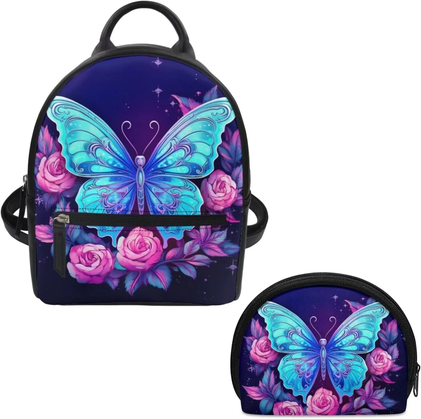 ZOUTAIRONG Flower Butterfly Mini Backpack Purse for Teen Girls Small Daypack Womens Wallet Set Travel Storage Bag Casual Rucksack Shoulder Bag Satchel Purse Handbags Blue