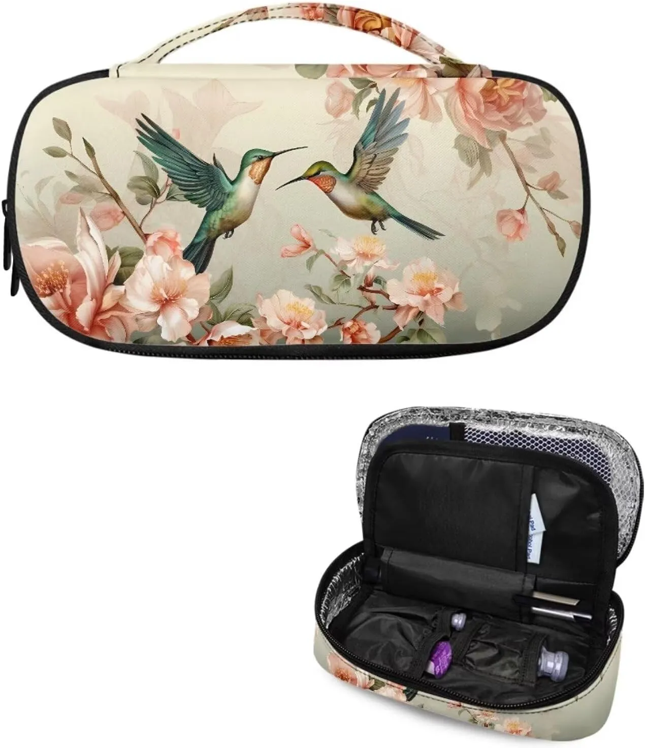 ZOUTAIRONG Flower Hummingbird Insulin Cooler Travel Case Colorful Diabetic Kit with Handle Small Diabetic Supplies Bag Medicine Travel Case for Insulin Pen and Blood Glucose Monitor Supplies