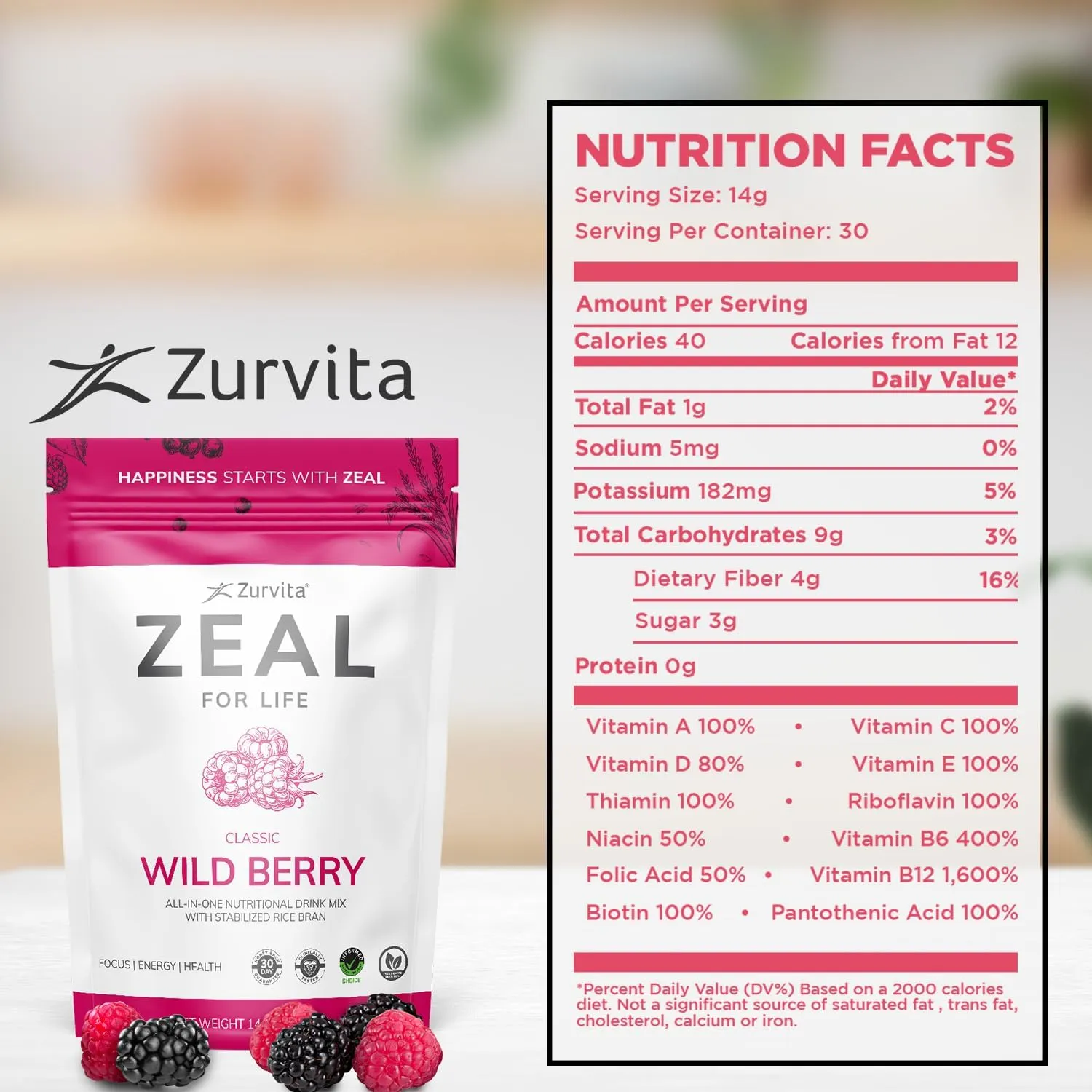 Zurvita - Zeal for Life 30-Day Wellness Bag - Wild Berry (Classic) - Nutritional Supplement for Vitality, Immunity, and Wellness - 420 Grams